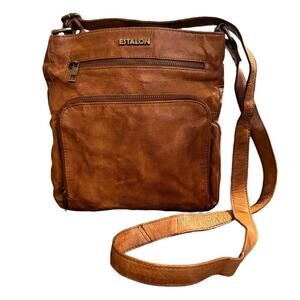 ESTALON Genuine Leather Multi Zip Everyday Crossbody Bag in Cognac Brown